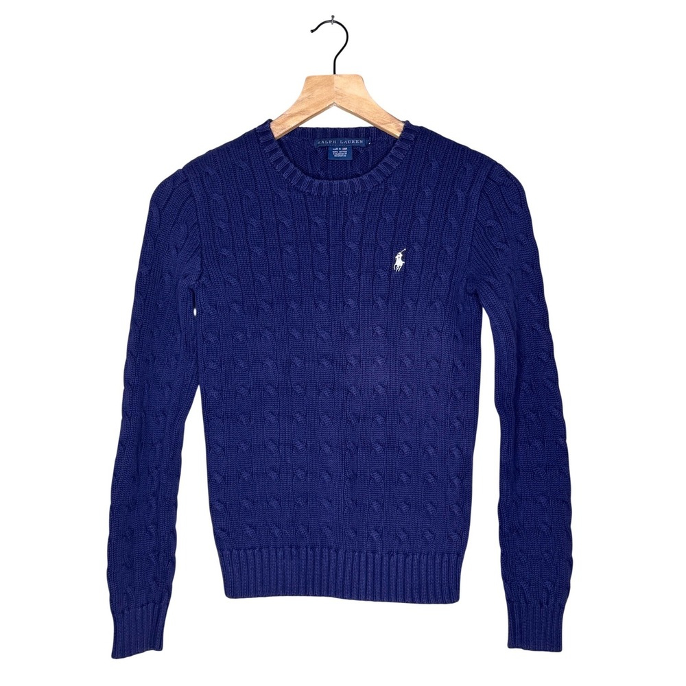 Ralph Lauren Womens Royal Blue Cable Knit Cotton Crewneck Sweater Size S Pony